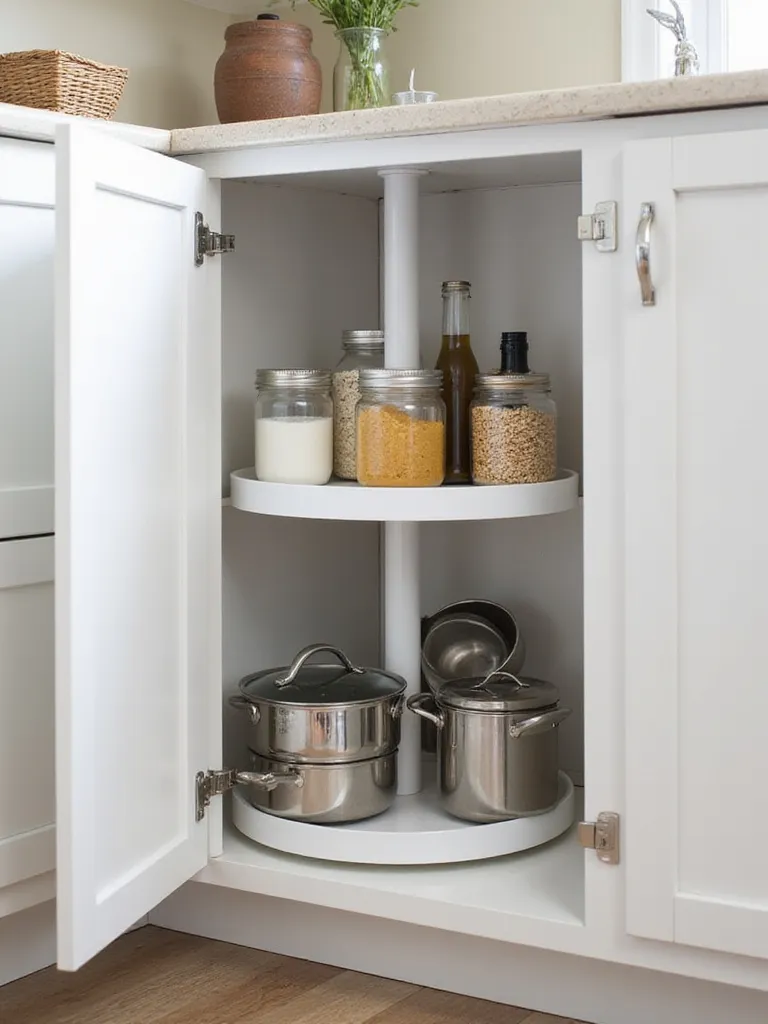 A full circle, two-tier lazy susan inside an open kitchen corner base cabinet, organized with pots, pans, dry goods, and oils. An example of a brilliant kitchen cabinet organizer maximizing corner space.