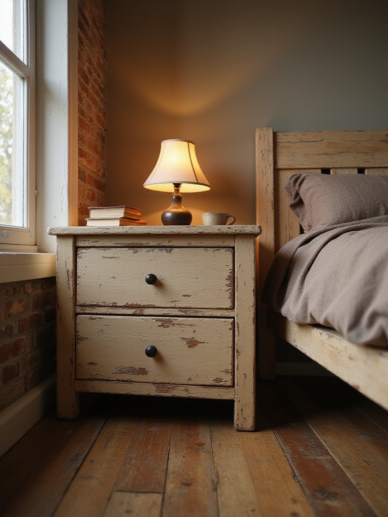 Rustic bedroom featuring a distressed light wood nightstand with a vintage lamp and books next to a bed with linen bedding.