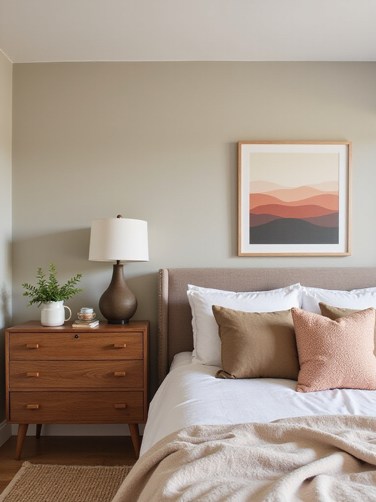 A bedroom demonstrating wall paint color harmonizing effectively with existing furniture, artwork, and decor, creating a cohesive and intentional design.