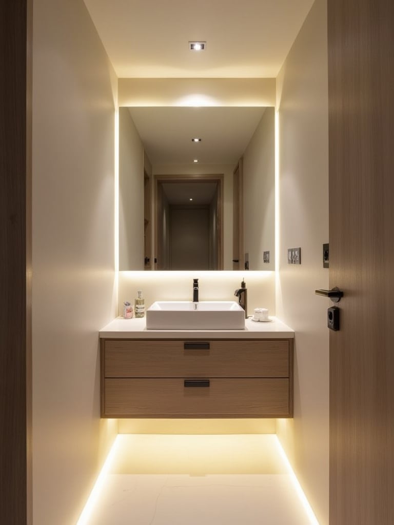 Small bathroom with layered lighting: recessed lights, lighted mirror, and under-cabinet LEDs.