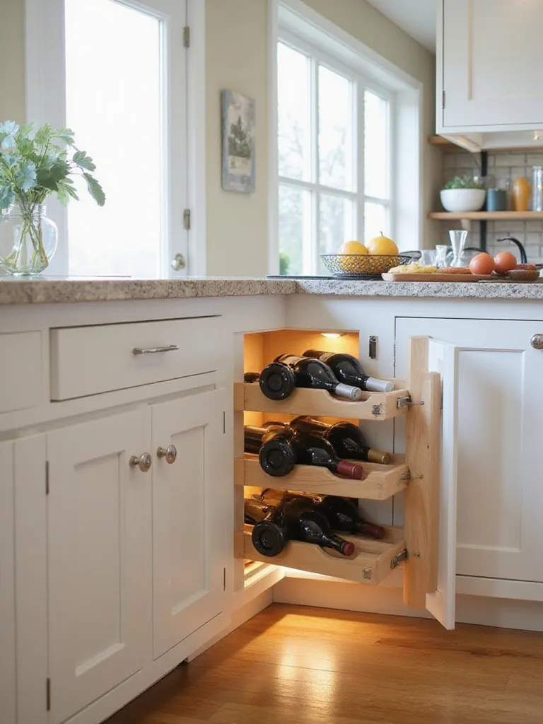 Open modern kitchen base cabinet with a fully extended wooden pull-out wine rack filled with bottles, showcasing effective wine storage and organization.