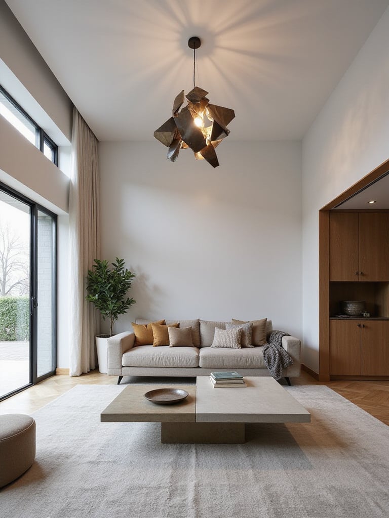 A modern living room featuring a large, sculptural statement lighting fixture hanging over a coffee table, showcasing clean design and effective illumination.