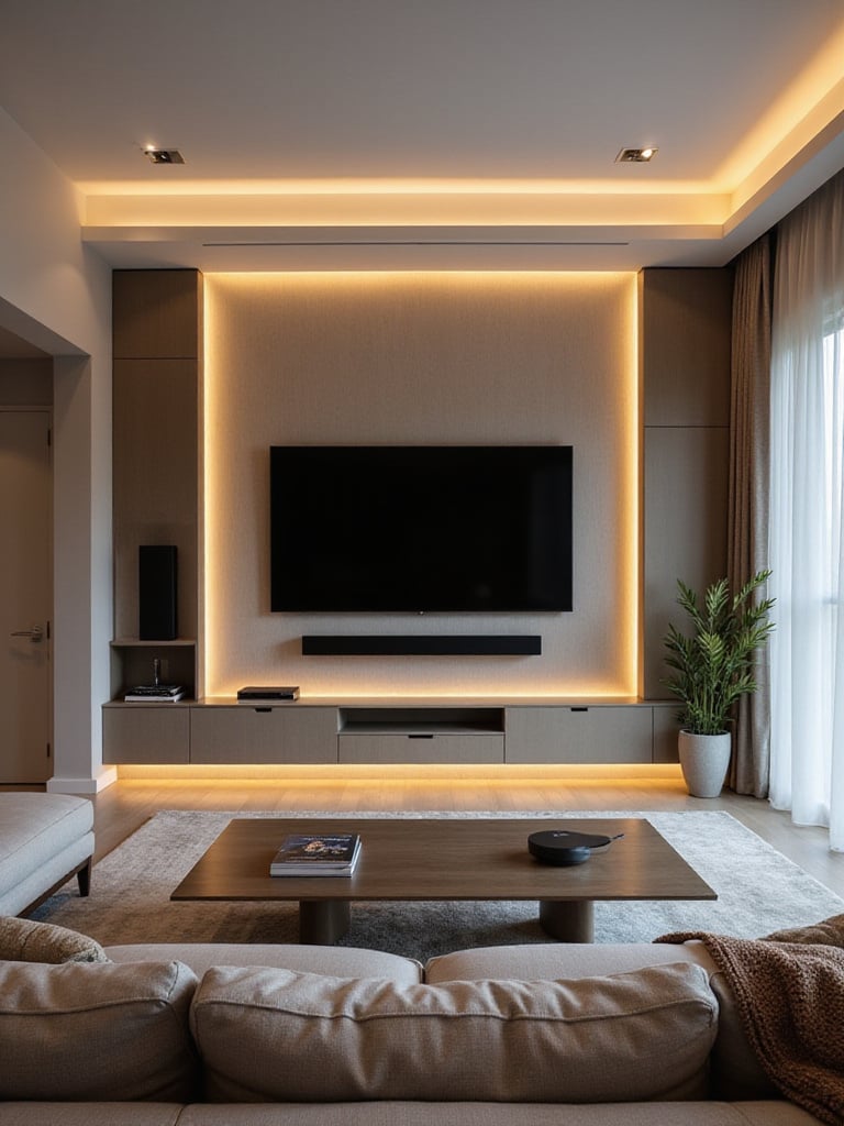Modern living room showcasing seamless smart home technology integration, featuring integrated lighting, concealed entertainment systems, and clean design.