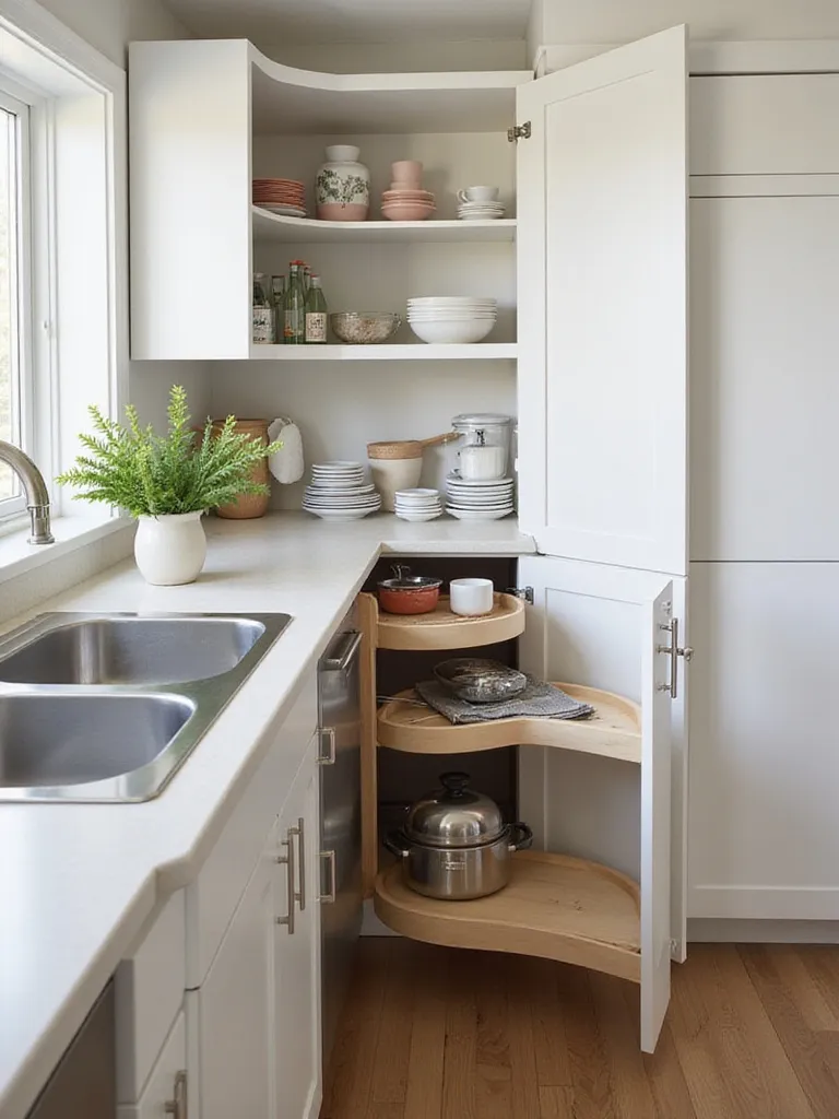 Kidney-shaped corner pull-out organizer extended from a kitchen cabinet, showing two shelves filled with pots and pans, designed to maximize storage and accessibility in blind corner cabinets.