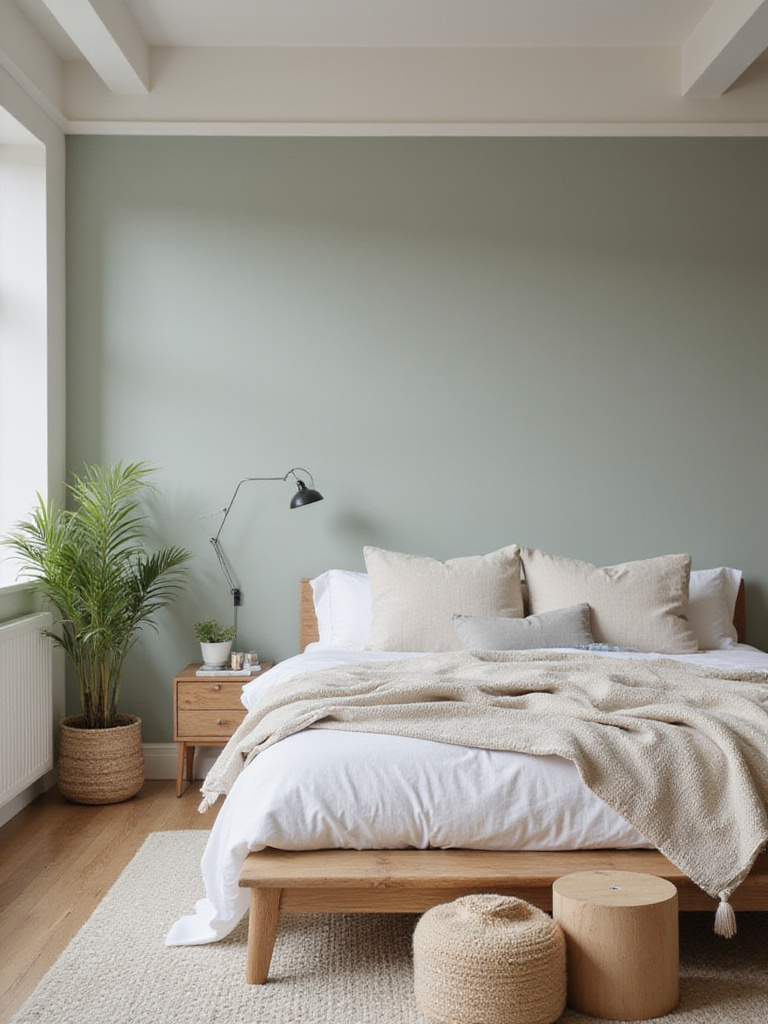 A modern bedroom painted in a trending color like warm greige or soft sage, reflecting current design emphasis on comfort, nature, and wellness.