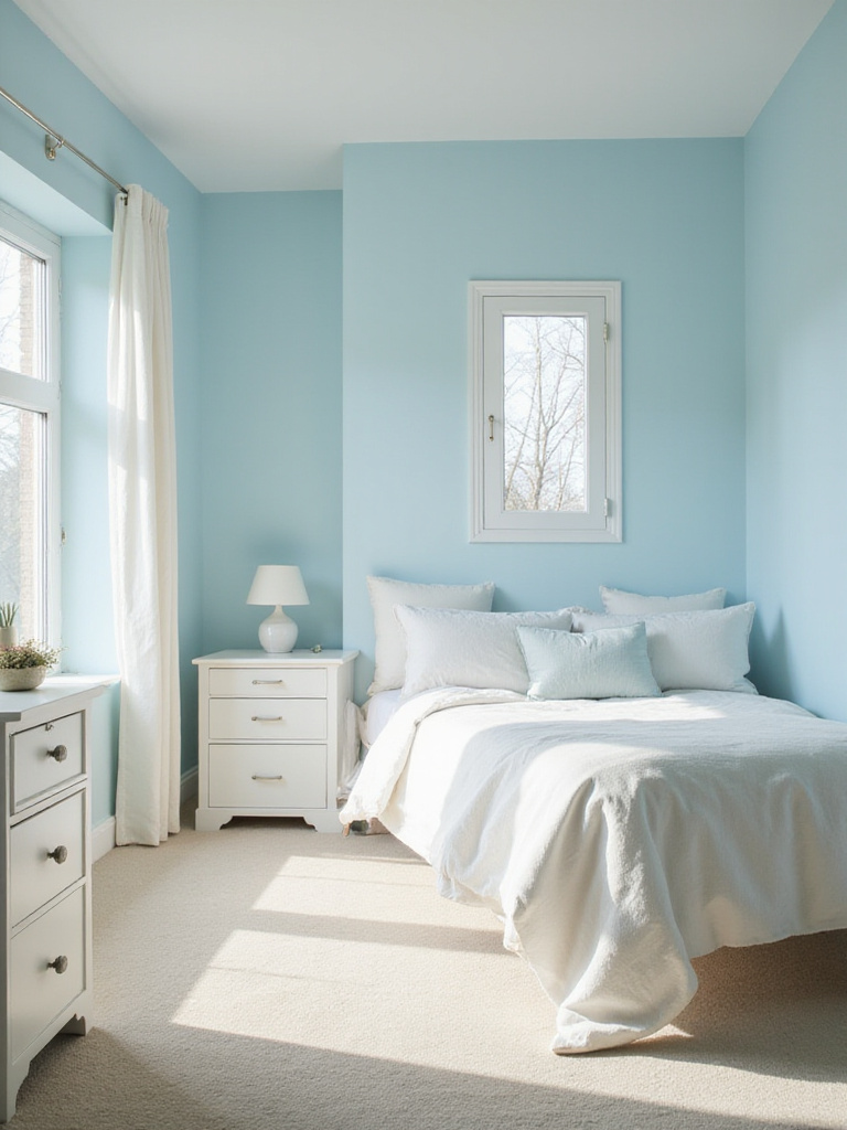 A small bedroom painted in light colors like pale blue or soft off-white, making the space feel larger, brighter, and more inviting.