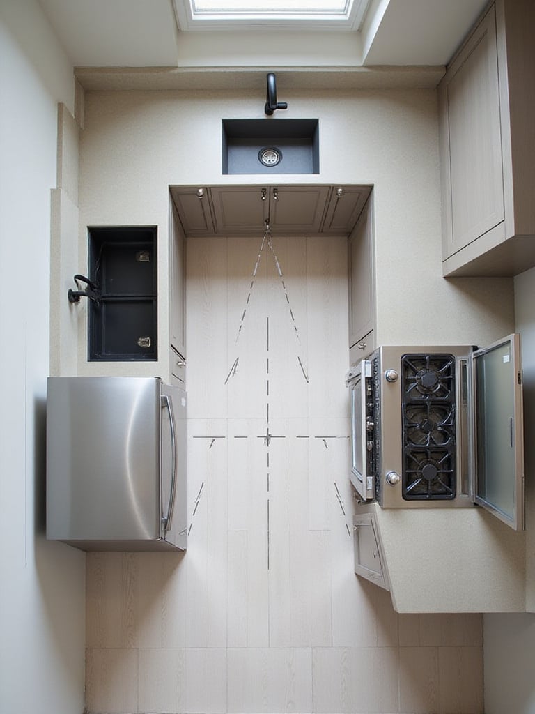 Overhead view of a modern kitchen layout showing the refrigerator, sink, and stove connected by lines forming the kitchen work triangle.