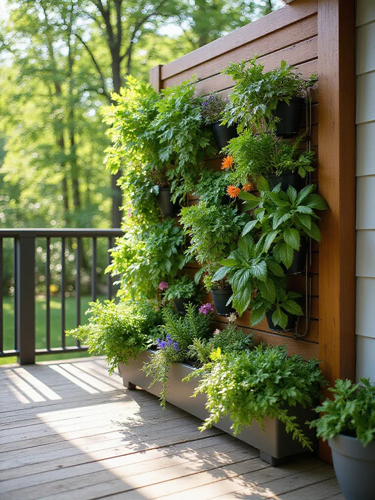 Lush vertical garden on a modern deck, maximizing space and adding greenery.