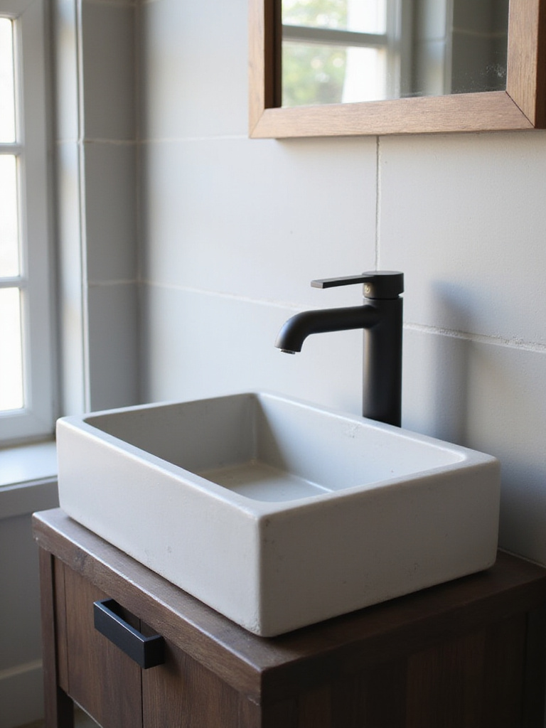 Modern bathroom with rectangular concrete vessel sink on dark wood vanity