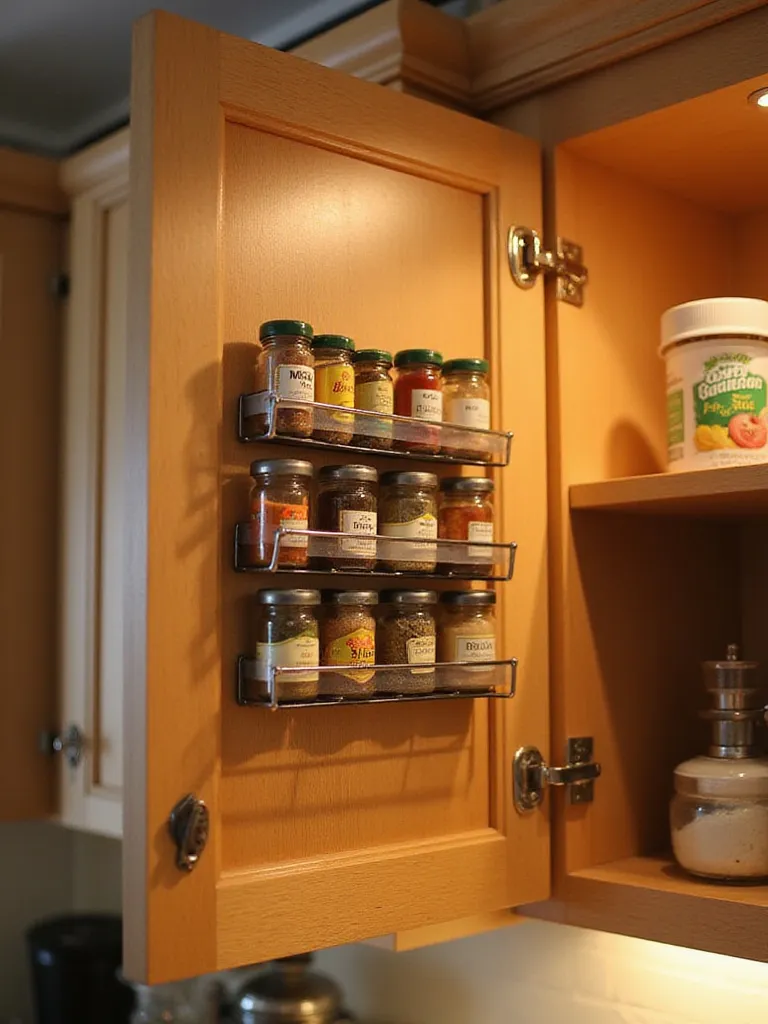 Mounted spice rack filled with spice jars on the inside of an open kitchen cabinet door, showcasing efficient vertical storage.