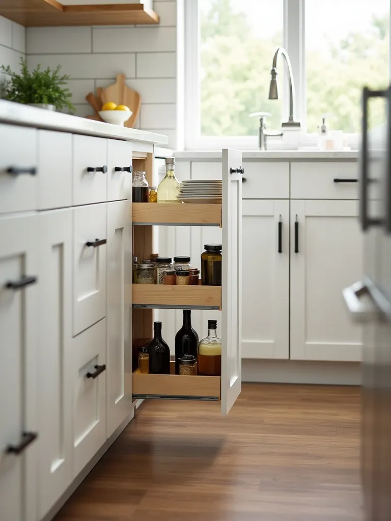Narrow pull-out base pantry extended from a kitchen cabinet, showcasing organized bottles of oil, vinegar, and spices on shelves.