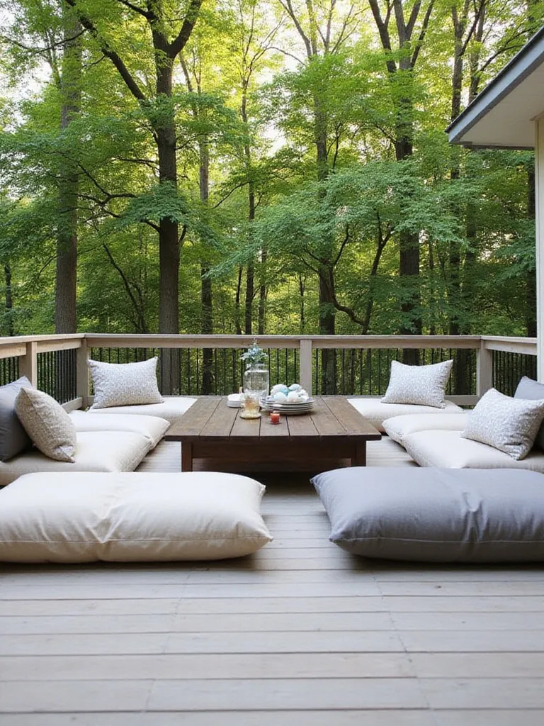 Deck with casual seating area featuring floor cushions in neutral colors.