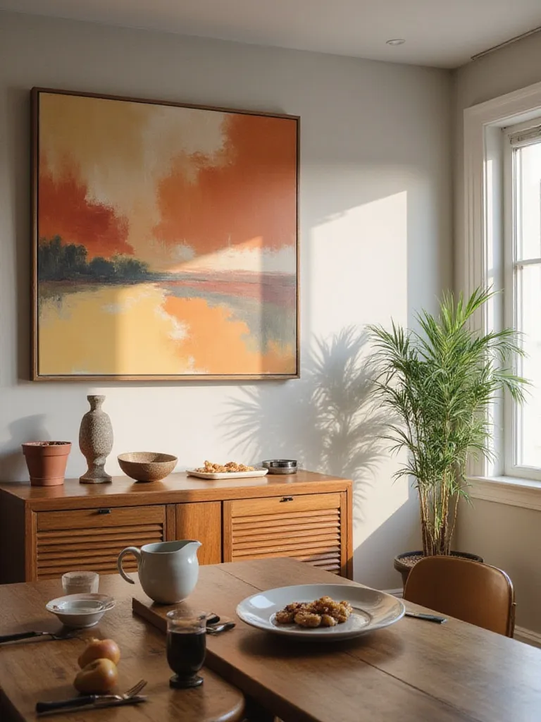 Modern dining room featuring abstract wall art above a sleek sideboard