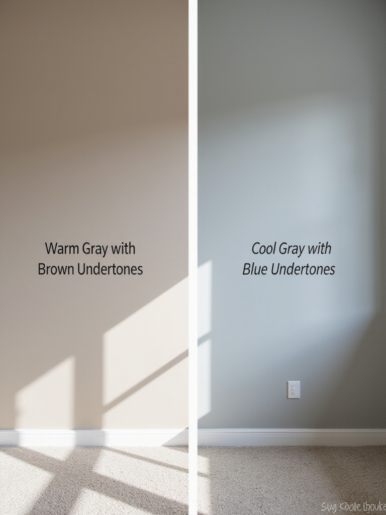 A comparison of a warm gray (greige) wall and a cool gray wall in a bedroom, illustrating how undertones affect the perception of gray paint.