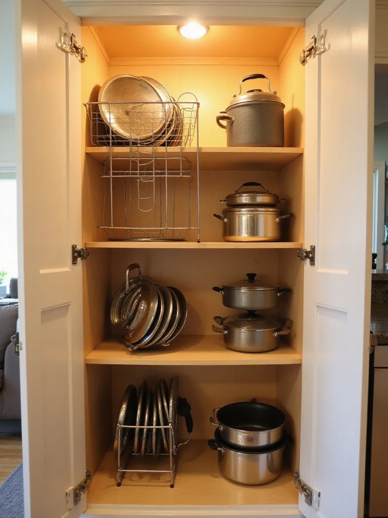 Interior of an organized kitchen cabinet showing various pot and pan lid holders storing lids neatly on the cabinet door and shelves, maximizing space.