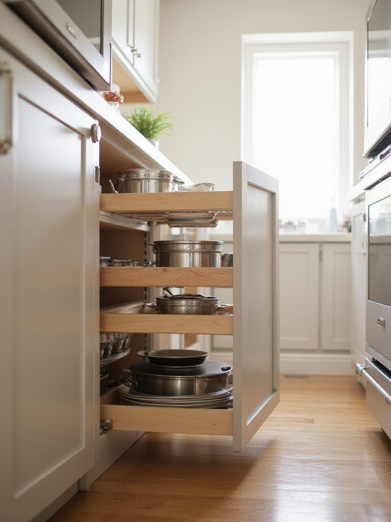 Pull-out shelves extended from a kitchen base cabinet, showing organized pots, pans, and storage containers for easy access.