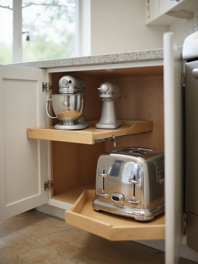 Pull-out shelf extended from a kitchen cabinet, holding a stand mixer and toaster for easy appliance access and storage.
