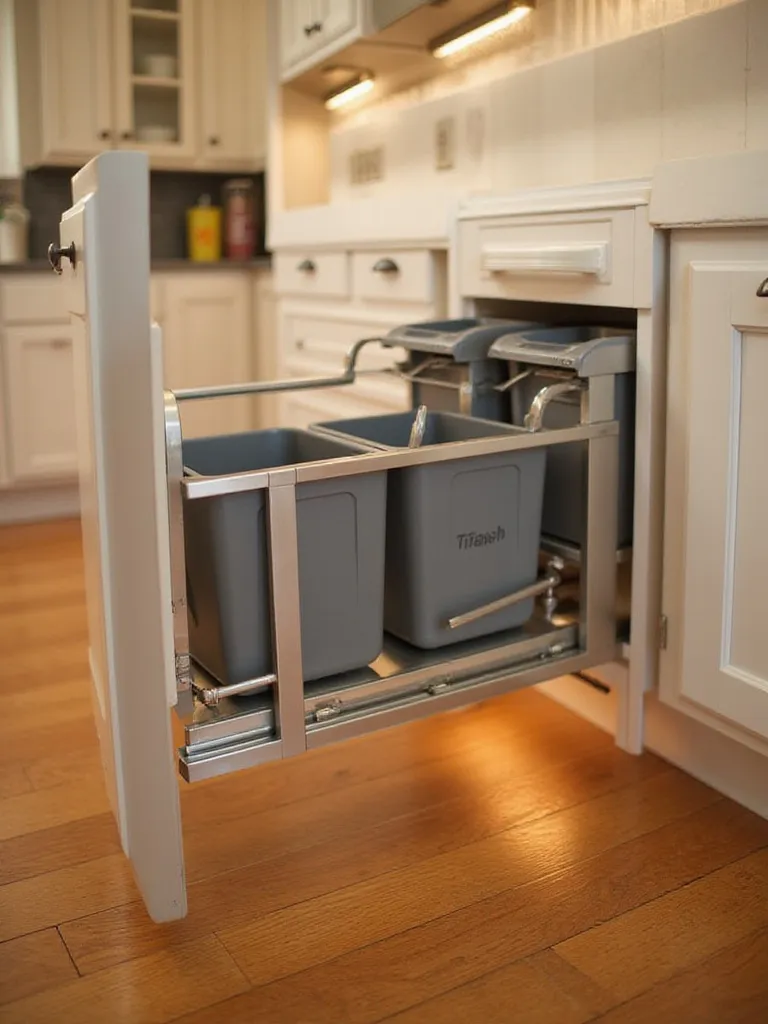 Pull-out kitchen cabinet system revealing two bins for trash and recycling on smooth gliding rails.