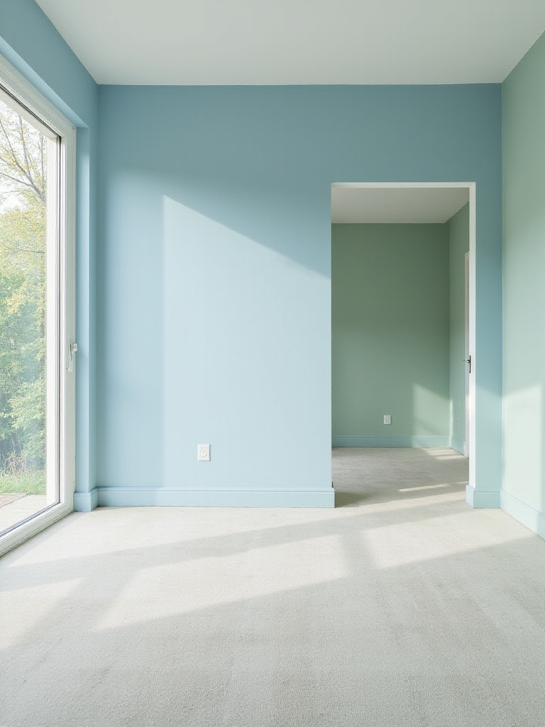 A bedroom with serene blue and green painted walls, filled with natural light, showcasing the calming properties of nature-inspired colors.