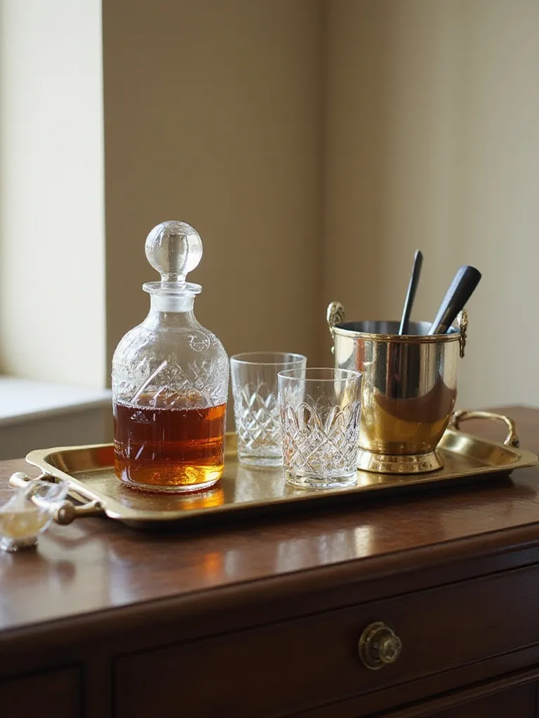 Dining room sideboard with a brass decorative tray holding a decanter, glasses, and ice bucket.