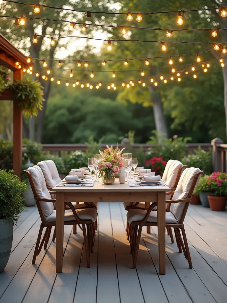 Beautifully decorated deck with an al fresco dining area set for a meal.