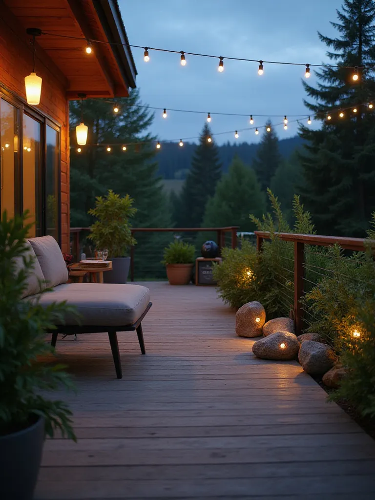 Outdoor deck with hidden rock speakers, ambient lighting, and comfortable furniture.