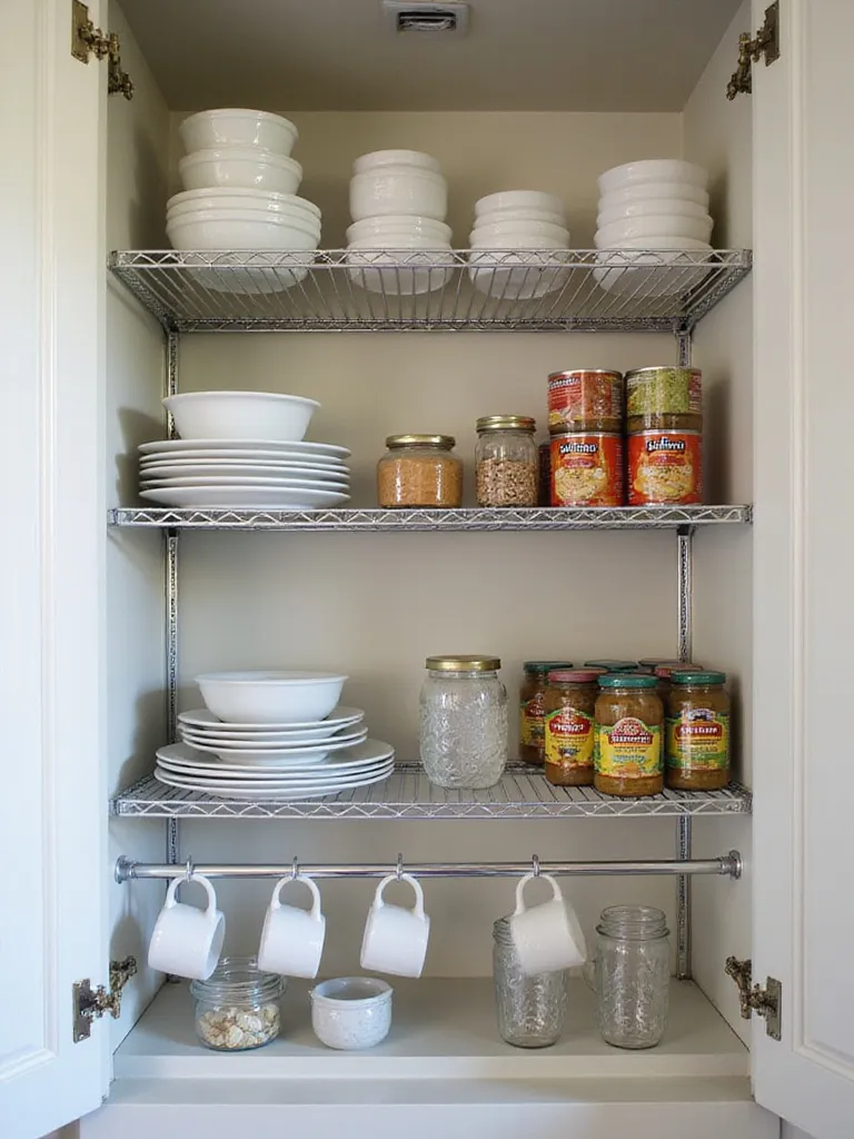 Interior view of a kitchen cabinet showing stackable wire shelves doubling storage space. The shelves are organized with plates, bowls, canned goods, and jars.