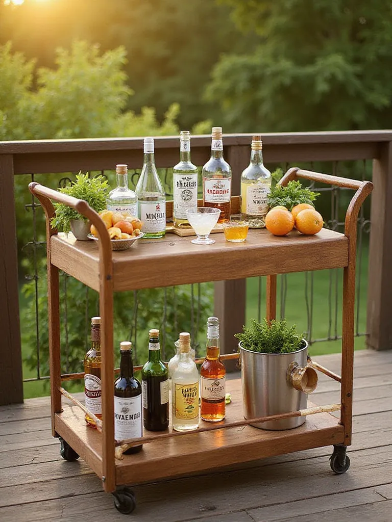 Stylish bar cart on deck with liquors, mixers, and glassware