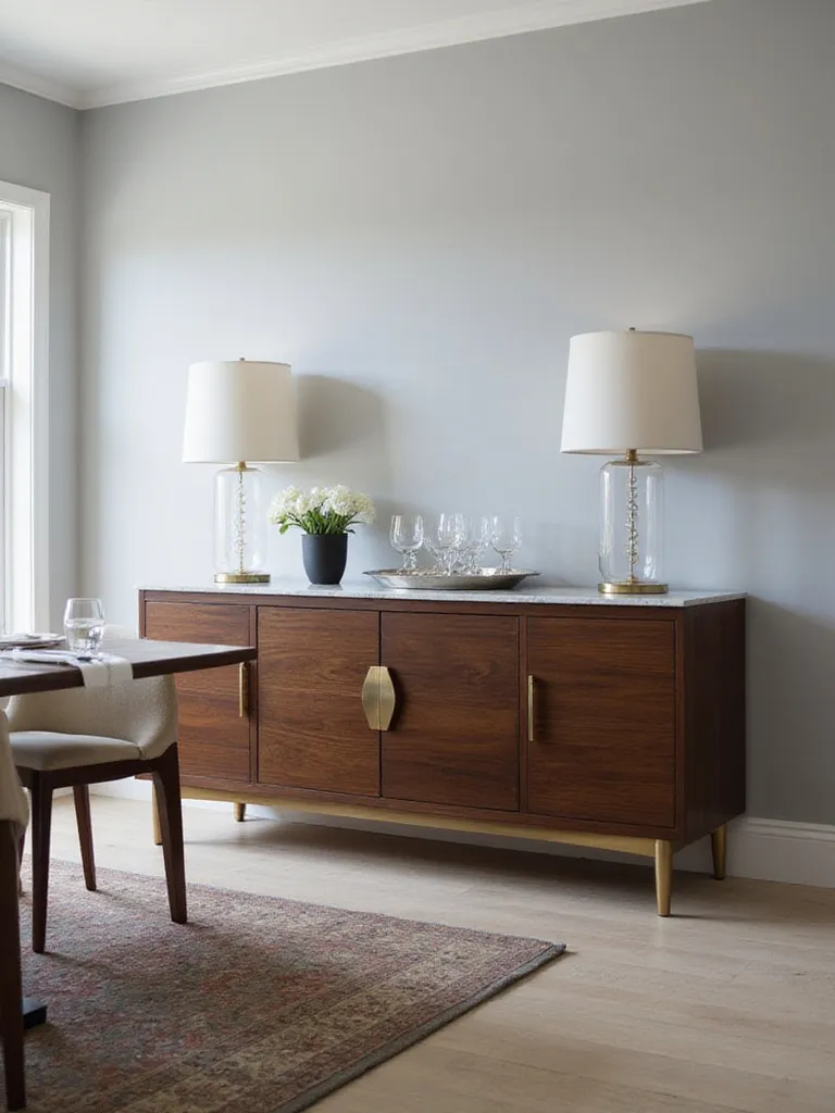 Modern dark wood sideboard with brass hardware and marble top in a dining room