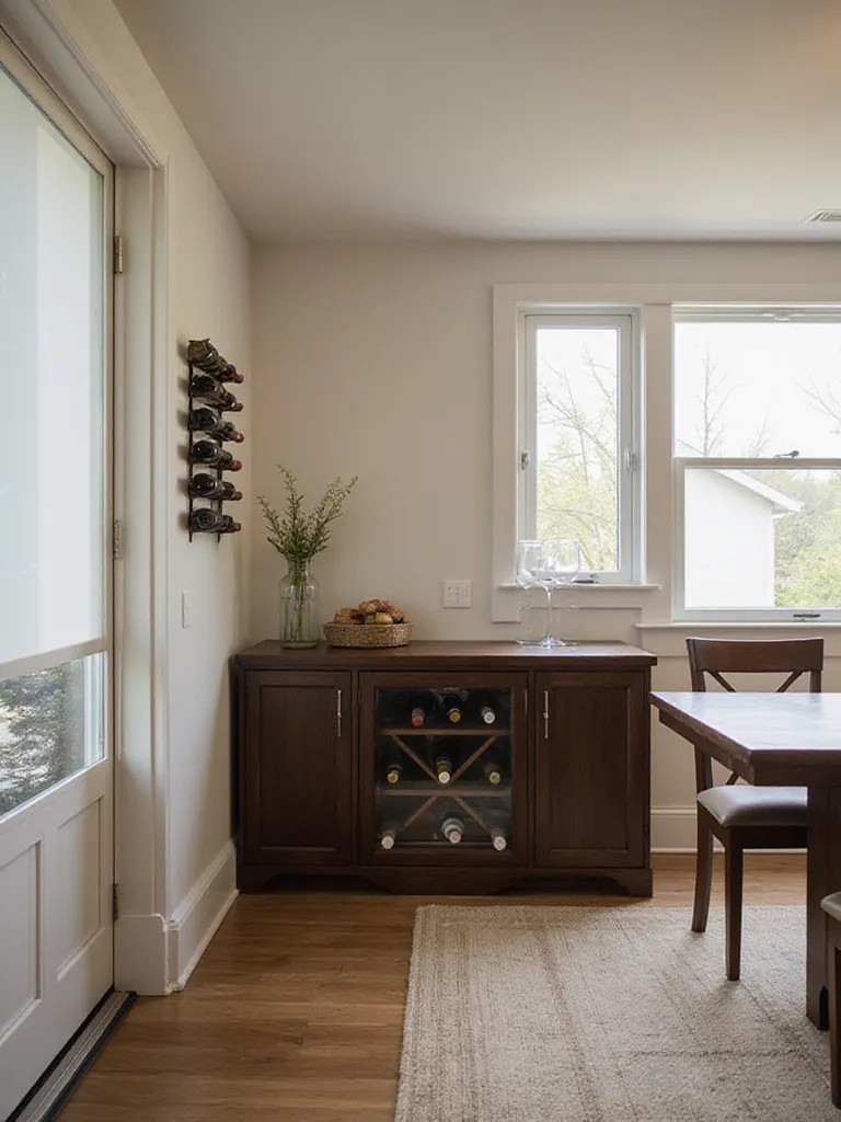 Modern dining room with credenza featuring built-in wine storage and a wall-mounted metal wine rack.