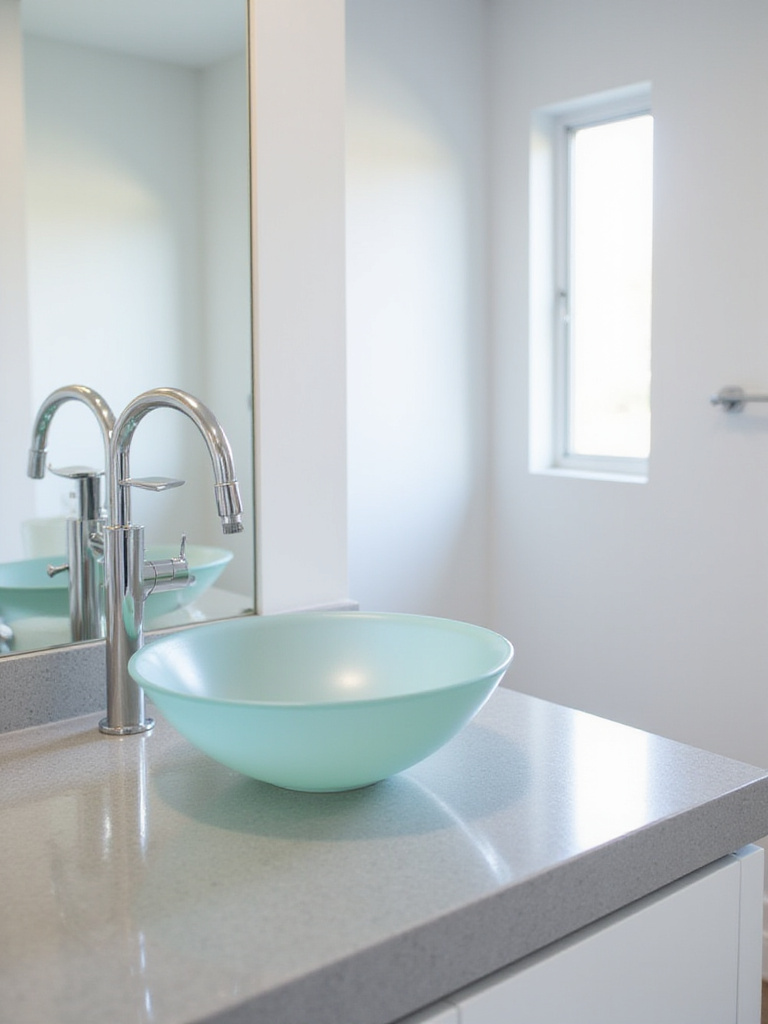 Frosted glass vessel sink on quartz countertop in modern bathroom