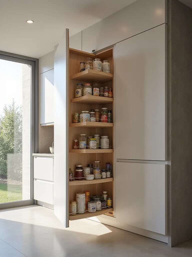 Tall pull-out pantry unit in a modern kitchen, showcasing organized dry goods and canned items on multiple shelves, maximizing vertical storage space.