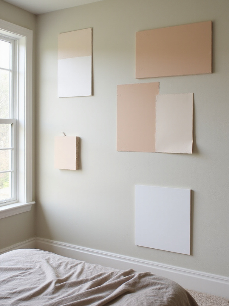 Bedroom wall showing several large paint samples being tested under different lighting conditions and alongside existing furnishings before final color selection.