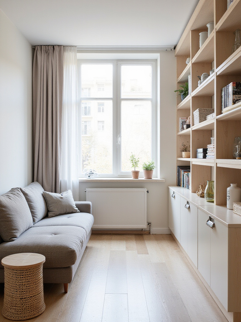 A bright, organized apartment living room with a sofa, coffee table, and shelving, showcasing effective clutter-free decor and storage solutions.