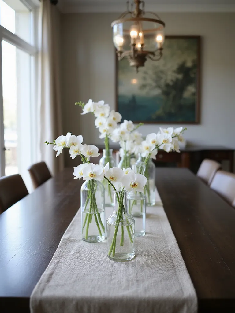 Elegant dining room table centerpiece with clear glass vases and white orchids.