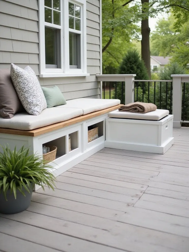 Modern deck with built-in storage bench and deck box.