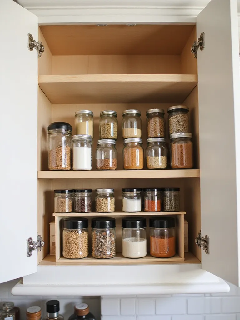 Tiered spice organizer shelves inside an open kitchen cabinet, neatly displaying various spice jars in rows on different levels for easy visibility and access.