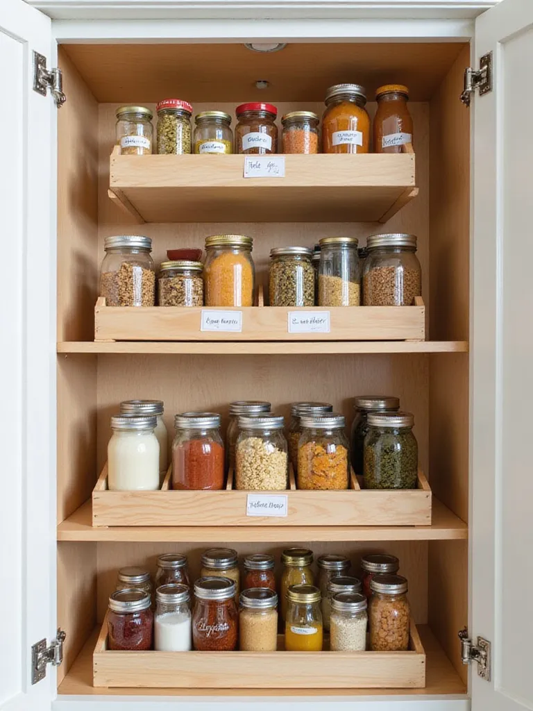 Inside of a kitchen cabinet with tiered organizers displaying neatly arranged canned goods and jars on multiple levels.