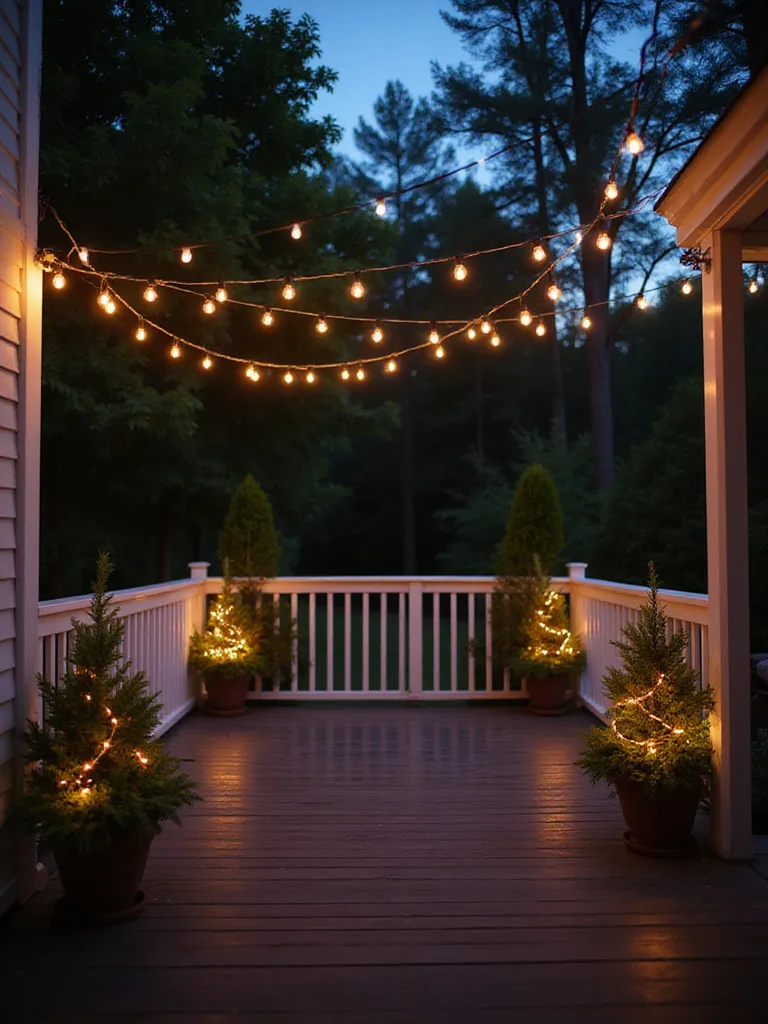 Deck decorated with string lights for warm evening ambiance