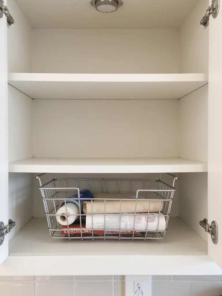 Under-shelf wire basket installed in a kitchen cabinet, holding rolls of kitchen wraps.