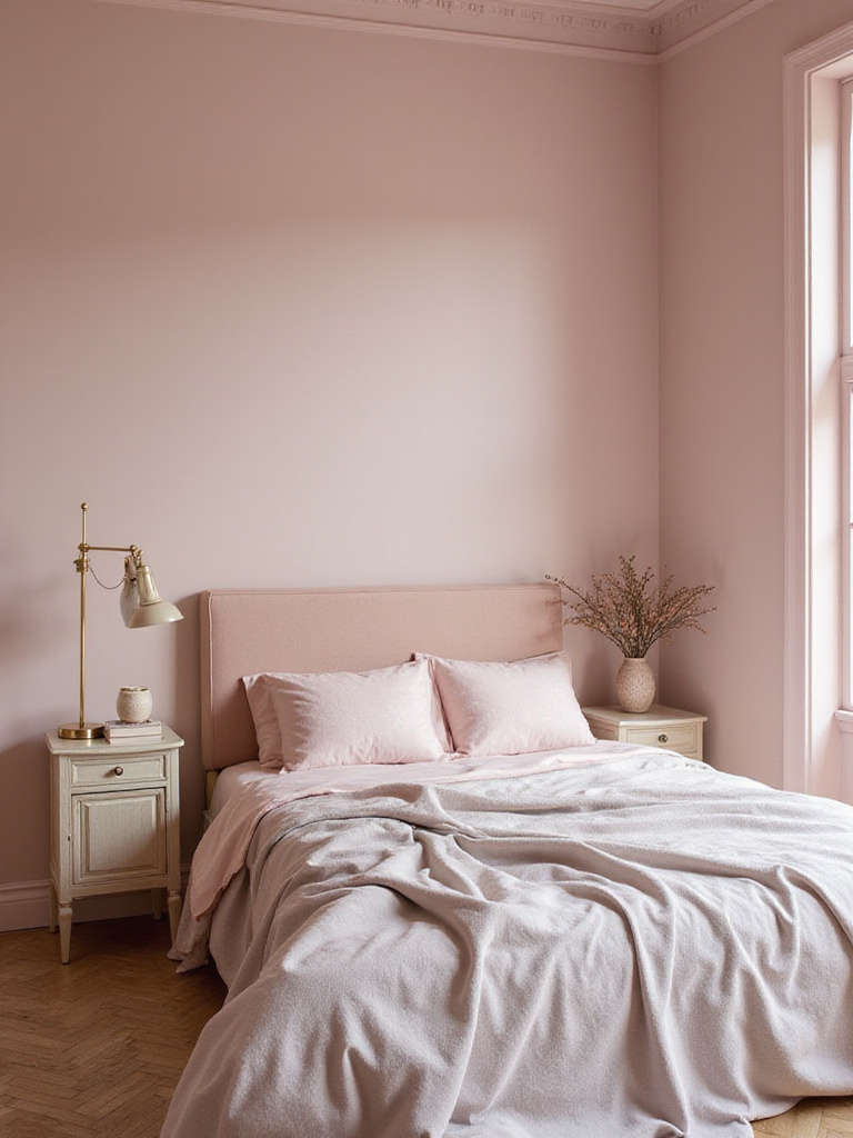 A bedroom with sophisticated blush pink walls creating a soft, romantic, and inviting atmosphere with gentle lighting and elegant textiles.