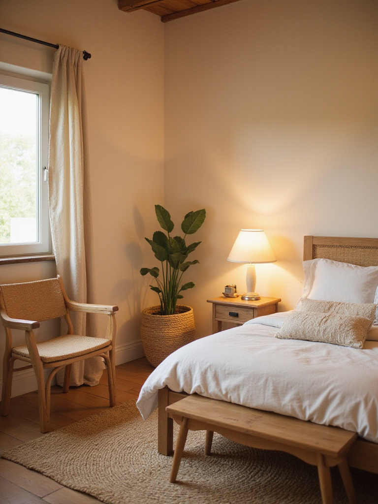 A cozy bedroom with warm neutral walls (soft beige or creamy white), natural textures, and warm lighting, creating an intimate and comfortable space.