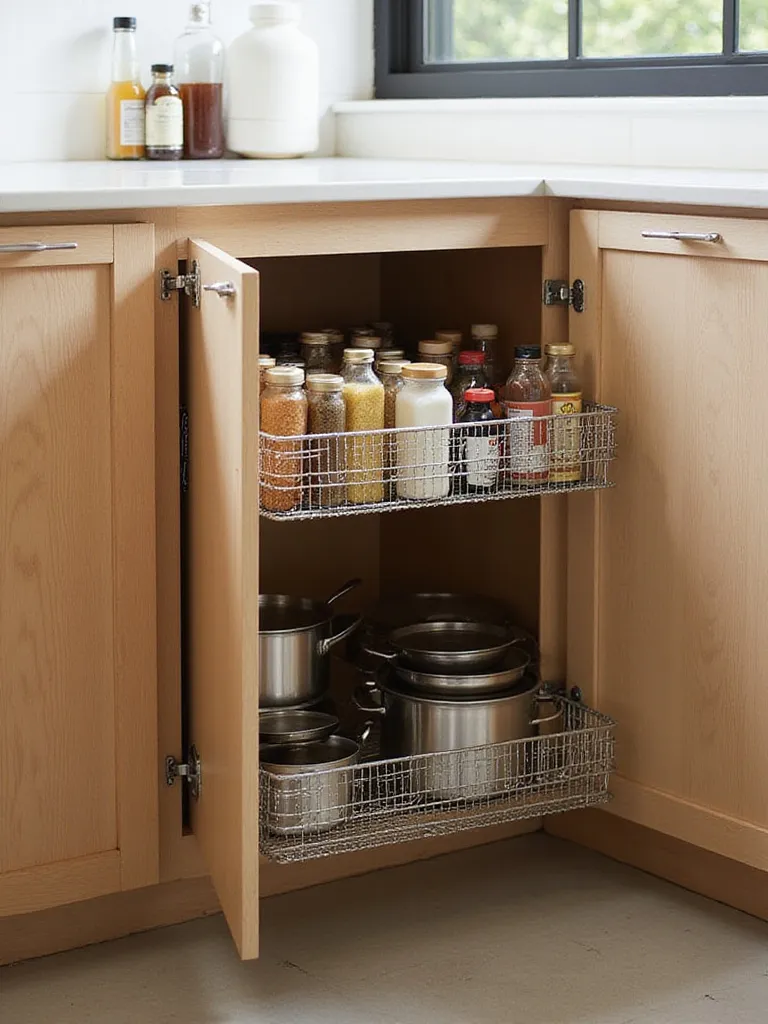 Two stainless steel wire sliding baskets pulled out from a kitchen cabinet, showing organized jars, bottles, pots, and pans inside.