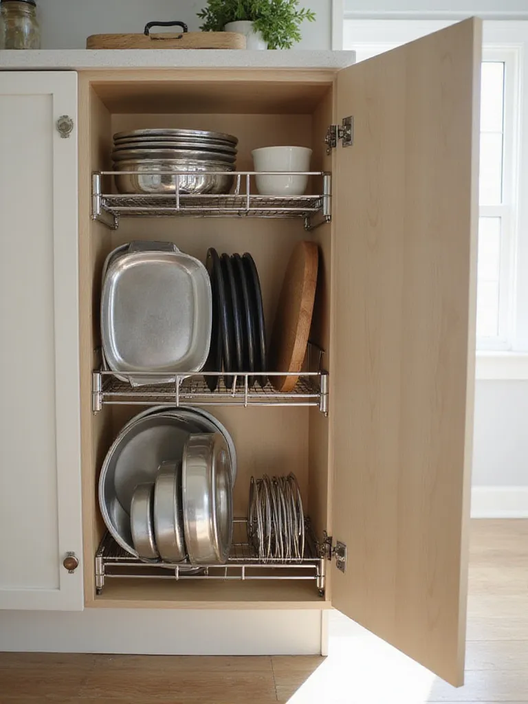 Interior of a kitchen cabinet with vertical metal dividers organizing baking sheets, cutting boards, and cooling racks.