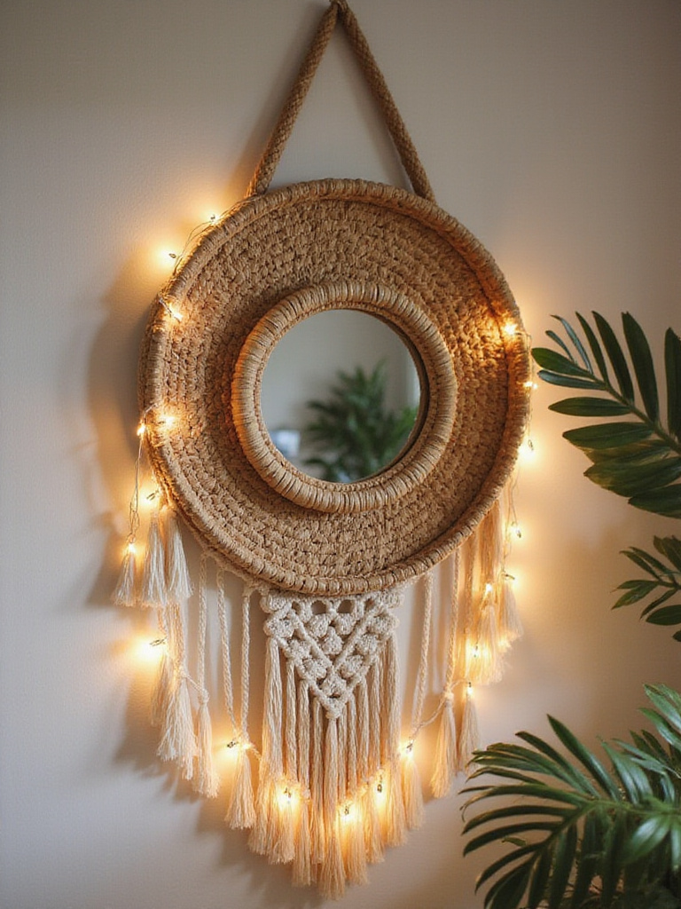 Layered boho wall decor arrangement featuring a rattan mirror and macrame hanging