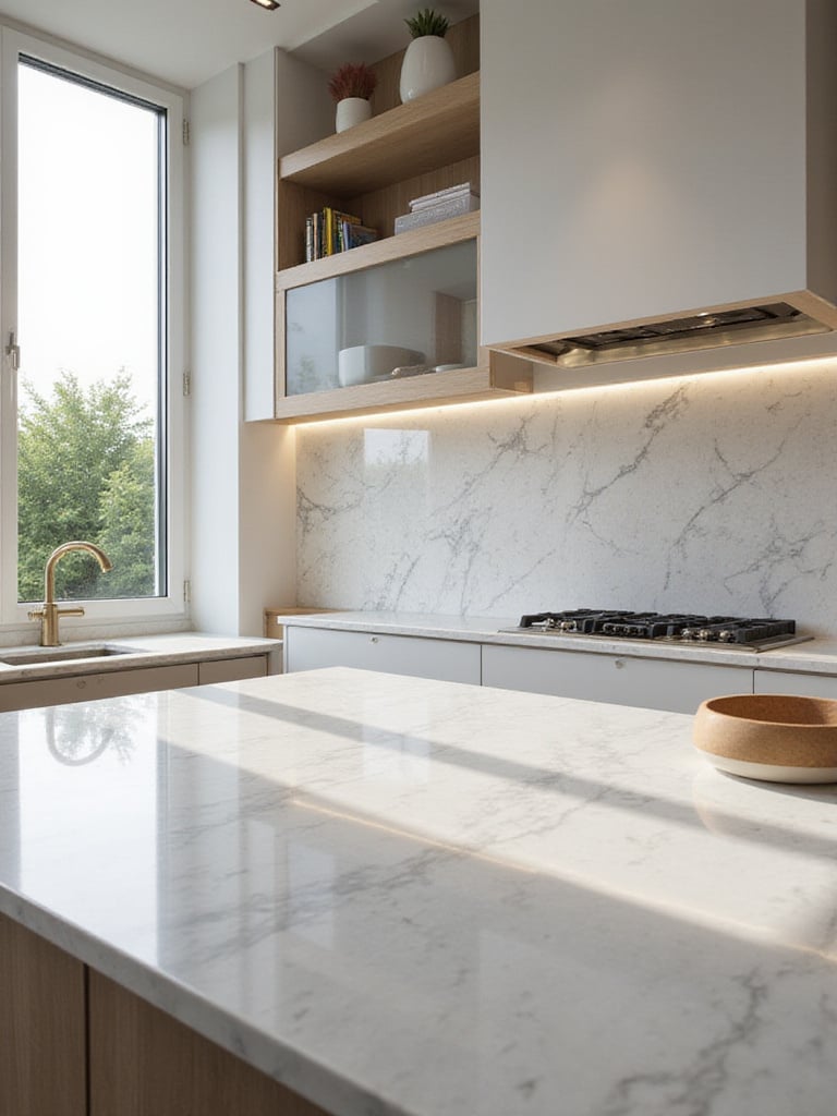 Luxurious kitchen with countertop-matching backsplash materials