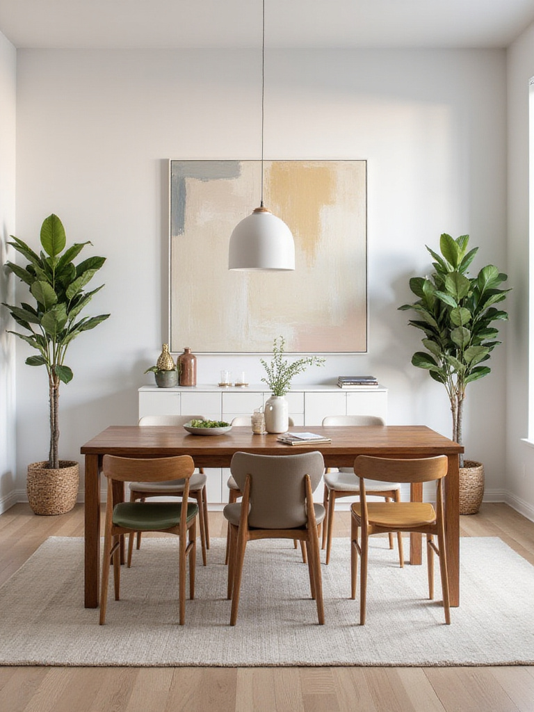 Contemporary dining room designed on a budget featuring a wooden table, minimalist chairs, and abstract art.