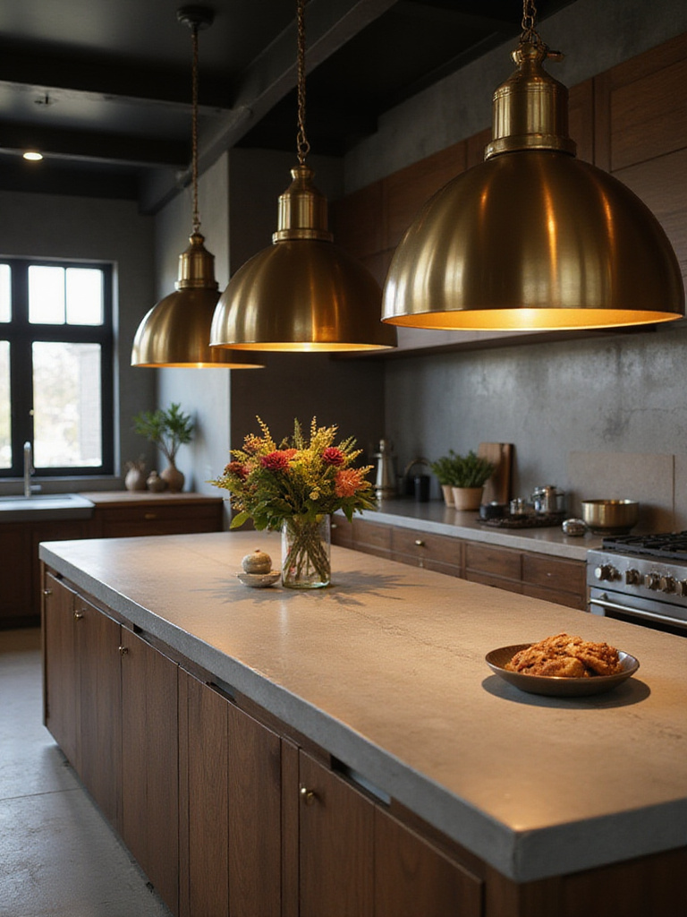 Modern kitchen island with brushed brass pendant lights and concrete countertop.