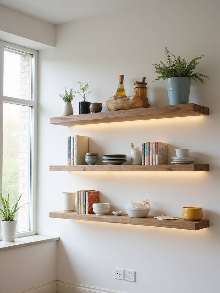 Modern kitchen with floating shelves displaying decorative items