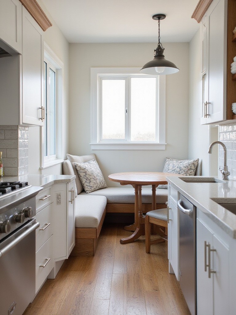 Modern kitchen with integrated seating banquette and dining area.